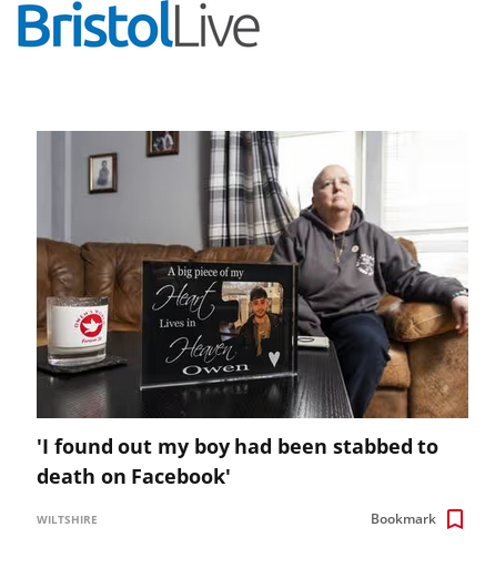Headline - I found out my boy had been stabbed to death on Facebook