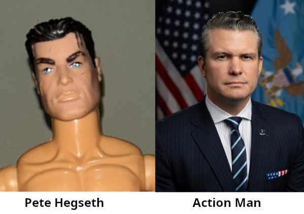 Private Eye style lookalike featuring Pete Hegseth and Action Man. The plastic figure has the higher intelligence and greater humanity.