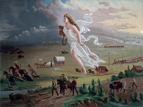 An allegorical representation of the modernization of the west of part of North America. Columbia, a personification of the United States, is shown leading civilisation westward with the American settlers. She is shown bringing light from east to west, stringing telegraph wire, holding a school book, and highlighting different stages of economic activity and evolving forms of transportation. On the left, Indigenous Americans are displaced from their ancestral homeland.