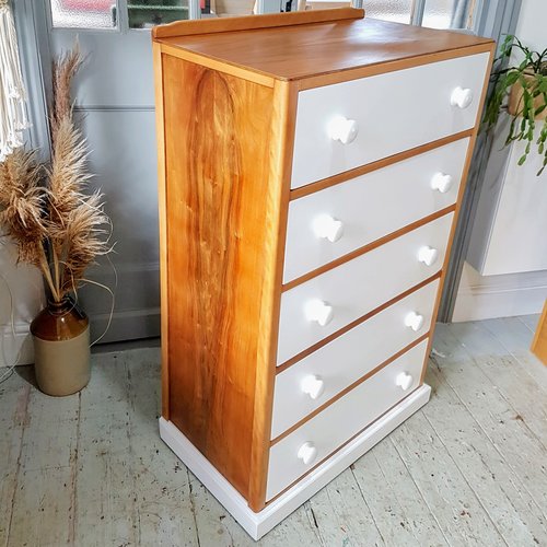 After - chest of drawers following strip and refinish, with painted sections