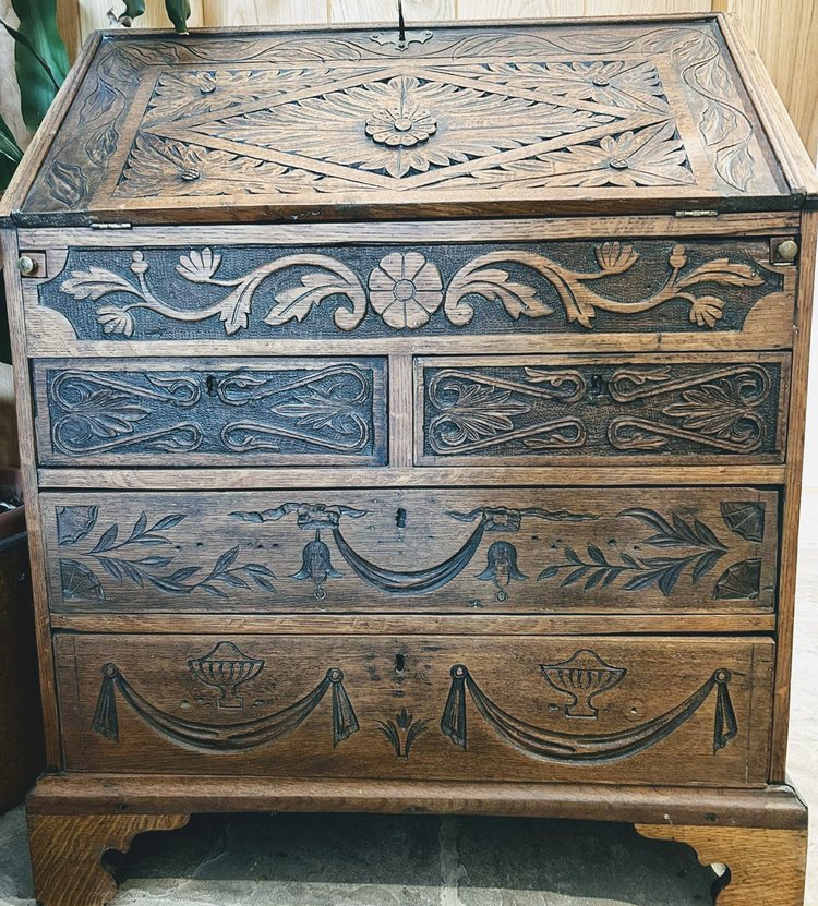 After - ornate bureau with paint removed but original patina left intact